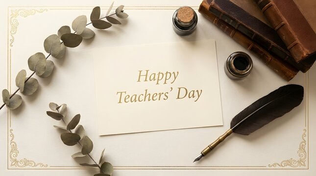 A beautiful greeting card for happy teachers day with vintage books and a quill pen on a desk