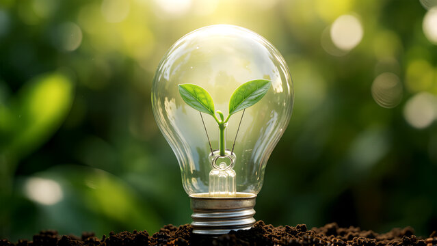 A small green plant growing inside a glass light bulb on soil with a blurred nature background.