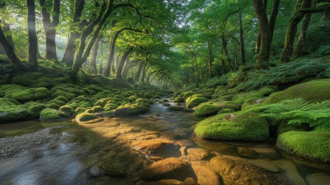 Forest stream flowing through a lush green valley with mossy rocks and sun rays filtering between ancient tall trees