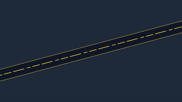 Minimalist moving road animation with yellow dashed lane lines on dark blue 4k background, highway motion