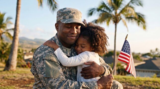 military father in camouflage uniform hugging his young daughter while holding a small american flag outdoors