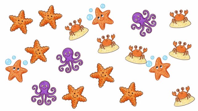 Seamless animated pattern of adorable cartoon sea creatures including starfish, octopuses, and crabs on sand dunes with bubbles. Perfect for children's media, educational content.