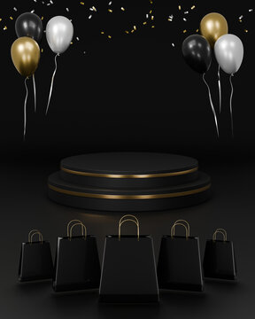 Black Friday Sale 3D Podium Background with Shopping Bags, Balloons and Confetti
