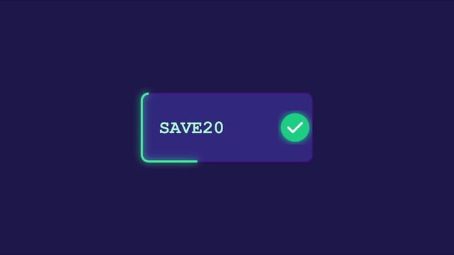 Save20 discount promotion button animation with checkmark for e-commerce marketing and online sales 4k