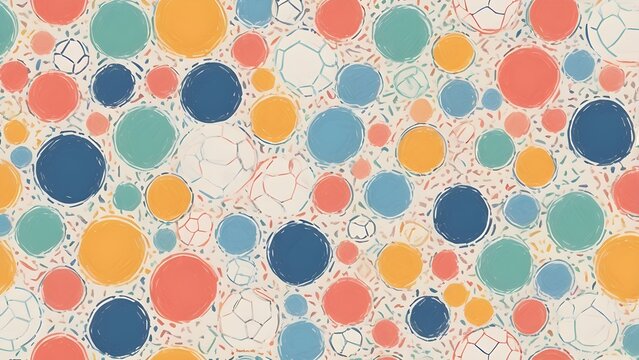 Playful abstract pattern with hand-drawn textured circles in various colors and subtle geometric outlines. Retro vintage background design.