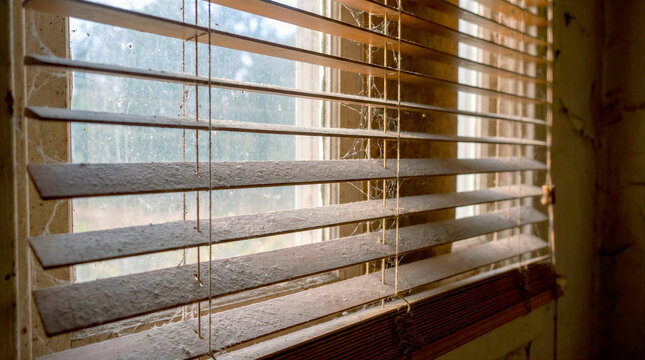 Dusty horizontal window blinds covered with dust in a room