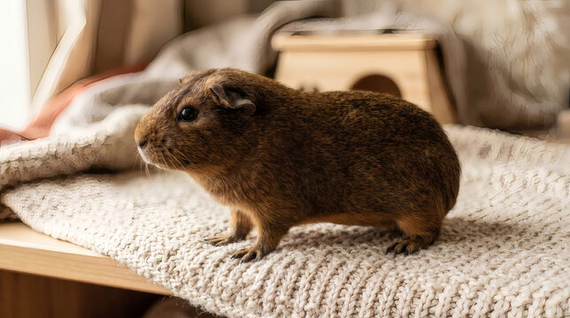 Cute brown guinea pig standing on cozy knitted blanket