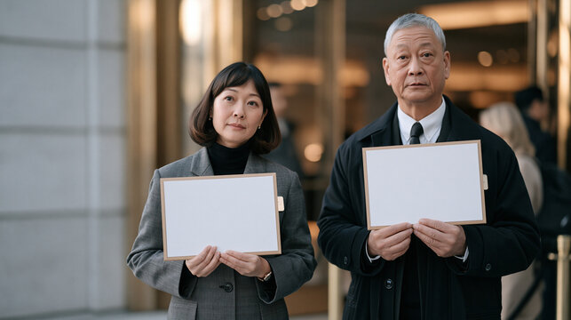 Retail greeter couple at a department store entrance hold welcome signs in two different languages they no longer share with living native speakers, their matching uniforms and