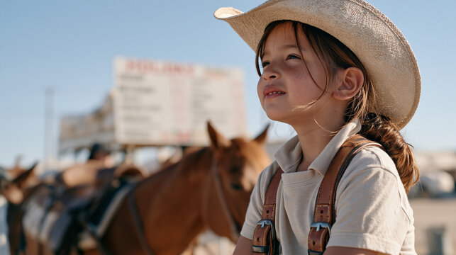 Young rider at a dusty outdoor horse trail school squints up at a vendor's festive tamale cart through harsh midday sun, the child's eye level view framing stirrups, straw, and a