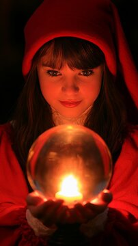 Young girl holding glowing crystal ball for fortune telling