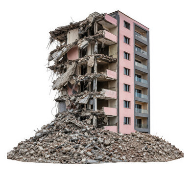 Damaged apartment building after an earthquake or demolition, isolated on transparent background