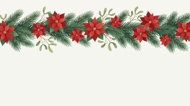 Christmas floral border with red poinsettia and pine branches