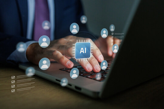 Person typing on laptop keyboard, ai chip graphic processing human resource data and applicant profiles