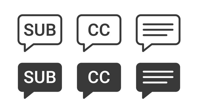 Minimalist speech bubble icon set featuring subtitle and closed caption symbols in black and white