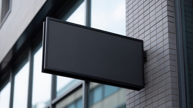 Blank black horizontal shop sign mockup on a modern brick wall background