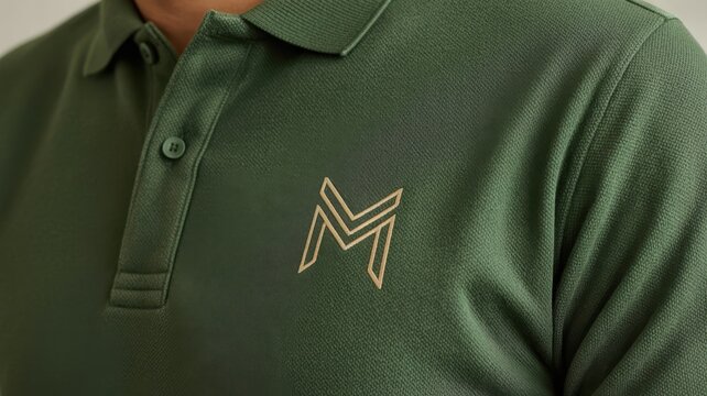 Close up of a dark green polo shirt with an embroidered stylized letter M logo