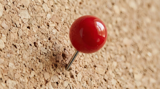 Red push pin pinhead inserted into cork board surface