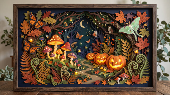 Intricate halloween papercut shadow box featuring glowing pumpkins mushrooms and a spooky forest scene in a frame