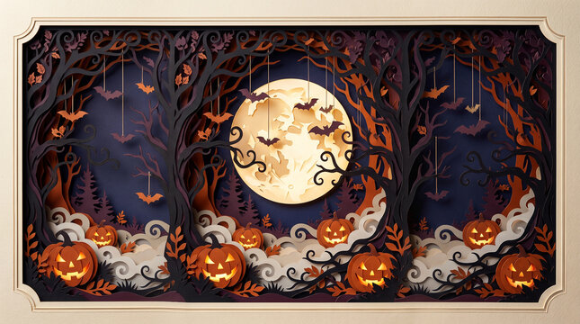 An intricate halloween papercut art piece featuring a glowing full moon spooky trees and carved jack o lanterns