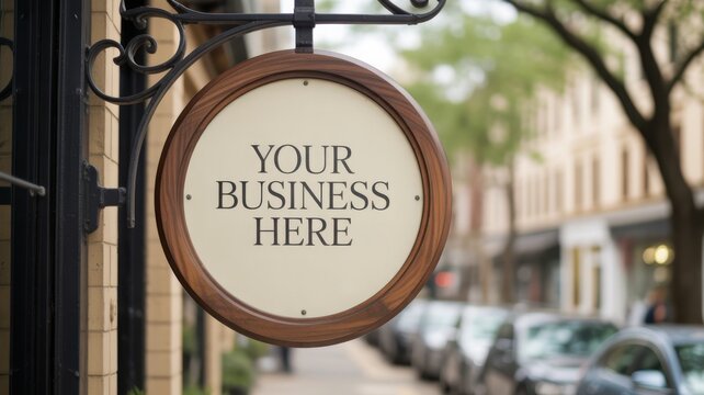 Vintage style round wooden signage mockup on a city street for business branding presentation.