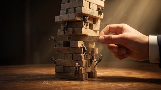 Risky Ascent: A meticulously crafted tower of wooden blocks, representing precarious business ventures, teeters under the pressure of a hand attempting to extract a crucial piece.