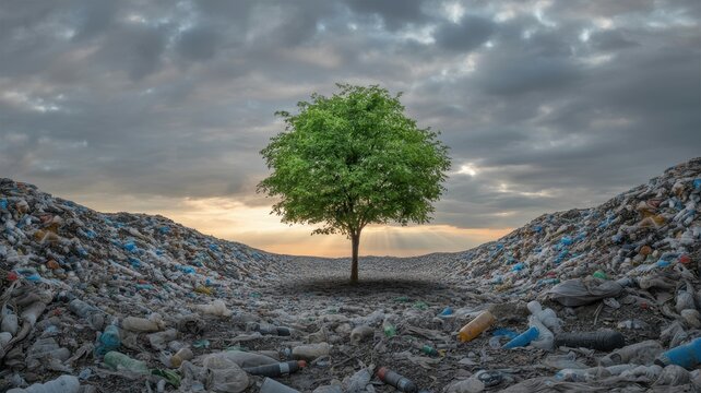 Green tree growing in center of massive plastic waste landfill site under dramatic sunset sky with heavy dark clouds