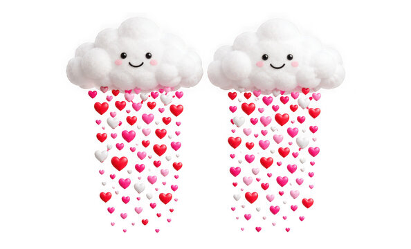 Two cute smiling clouds raining hearts isolated on transparent background