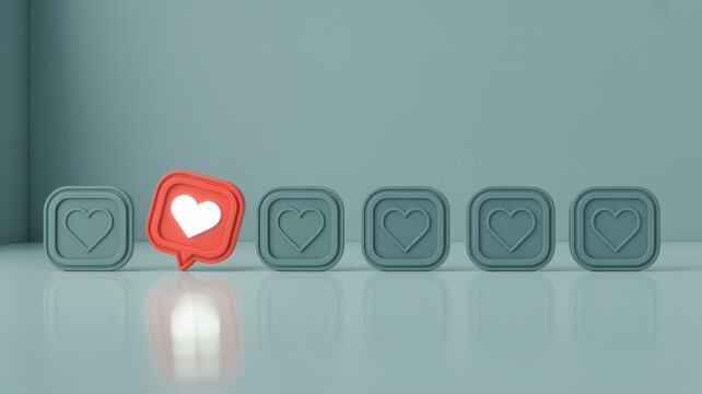 Heart notification icon glowing red among grey social media square buttons in a minimalist studio setting for digital marketing concepts