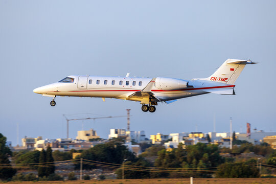 Luqa, Malta - August 6, 2026: Air Ocean Maroc Learjet 45 (REG: CN-TME) on finals in the late evening.