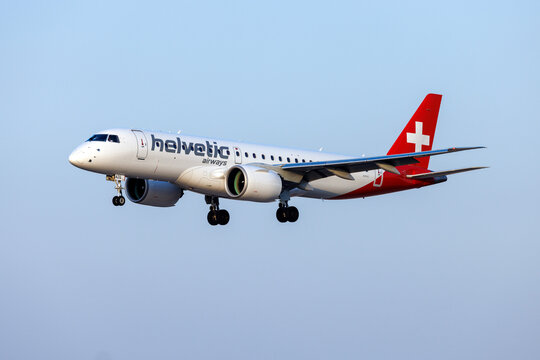Luqa, Malta - August 6, 2026: Helvetic Airways Embraer 190 E2 STD (ERJ-190-300STD) (REG: HB-AZG) landing as flight LX1794 from Zurich.