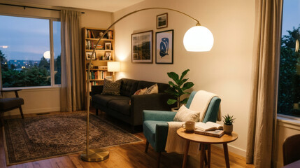 Fototapeta premium Cozy living room interior with a modern arc floor lamp and sofa