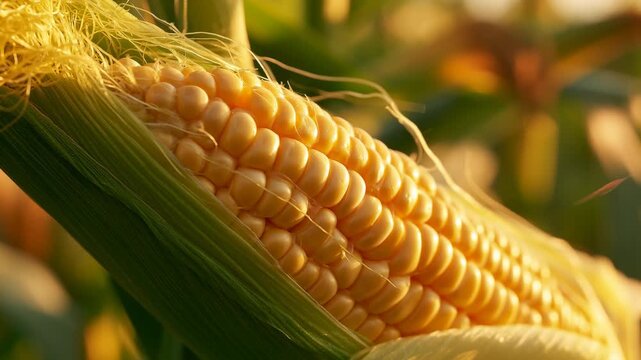 Fresh corn on the cob with golden kernels on green background -  