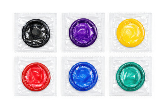Set of colorful condoms in square foil packaging isolated on transparent background