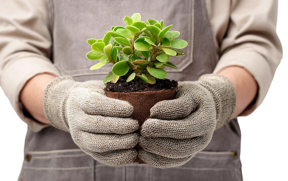 Gardener Supporting Plant Growth While Holding a Young Green Plant in Hands Isolated on transparent background PNG