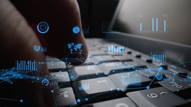 This image captures hands typing on a keyboard with digital graphs and icons hovering around, symbolizing technology, data analysis, and modern communication. Xenic