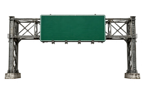 Large blank green highway road sign on a metal gantry structure isolated on transparent background