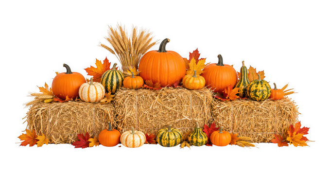Autumn harvest decoration with pumpkins, gourds, wheat and maple leaves isolated on transparent background