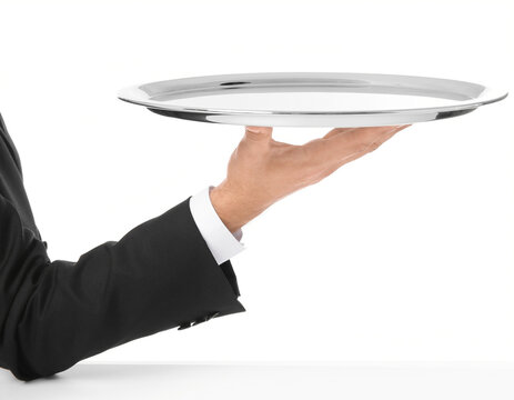 A professional waiter's hand presents an empty, polished silver serving tray against a clean white background, illustrating the concept of fine dining service.