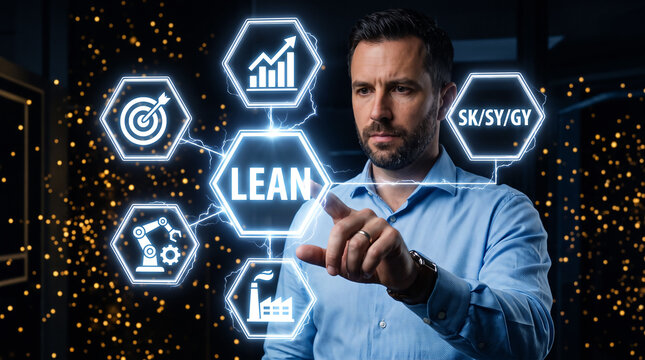 Businessman interacting with lean manufacturing interface. Digital industrial process management.
