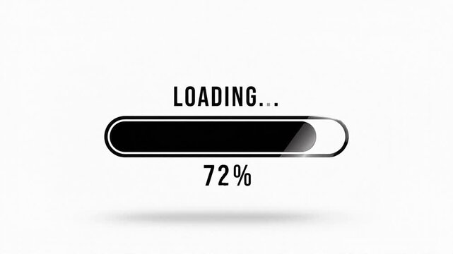 Animated Minimalist loading bar animation with 72 percent progress, black digital status indicator on white background, modern system interface element