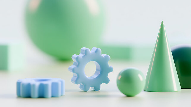 Minimalist composition with light blue gears, green cones, and spheres arranged on a clean, bright surface for abstract concept display
