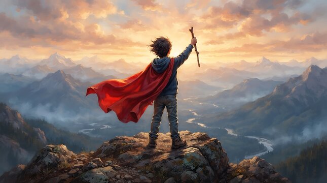 Little boy wearing a cape standing on a mountain at sunset