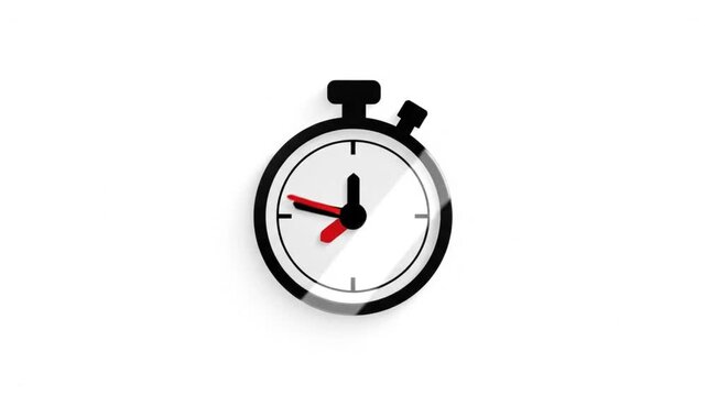 Minimalist stopwatch icon animation, flat vector chronometer with moving red hands, time management and productivity concept on white background