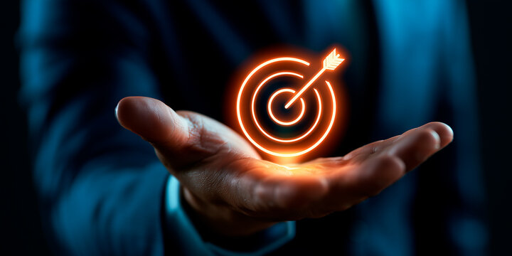 Businessman holding glowing digital target and arrow hologram over extended open hand