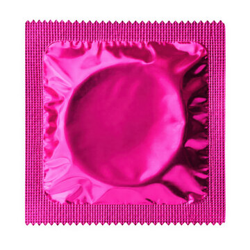 Pink condom in a square foil wrapper isolated on transparent background