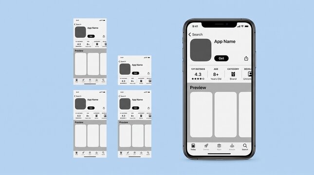 Mobile app store page interface mockup vector illustration template screen layout design isolated on blue background for smartphone wireframe graphic element
