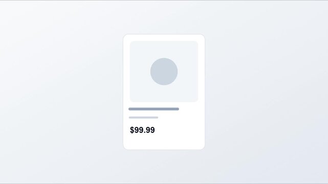 Minimalist e-commerce product card ui animation with price tag and purchase button 4k interface