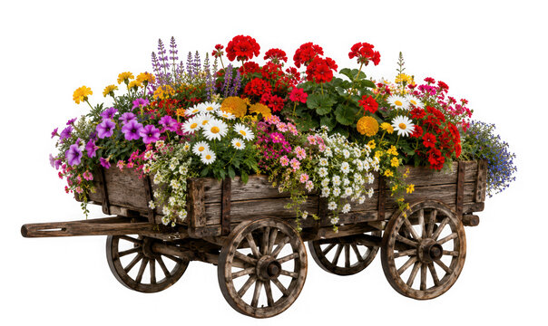 Rustic wooden wagon filled with a vibrant variety of colorful spring flowers isolated on transparent background