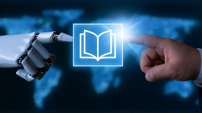 Human and robotic hands interact with a glowing book icon, symbolizing knowledge transfer, digital learning, and the future of education and technology