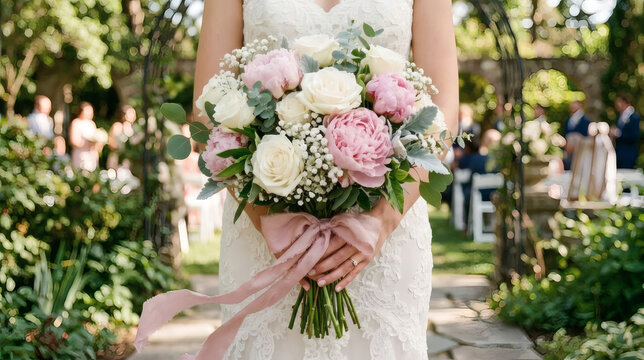 Bride holding elegant wedding bouquet of white roses and pink peonies with ribbon